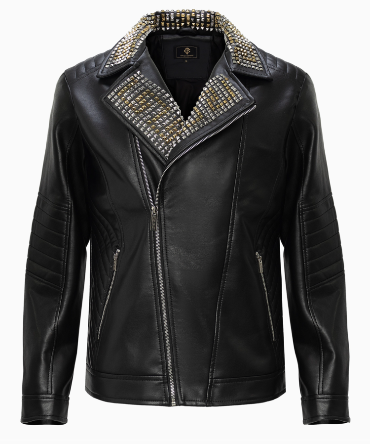 PU Studded Collar Trim Moto Jacket