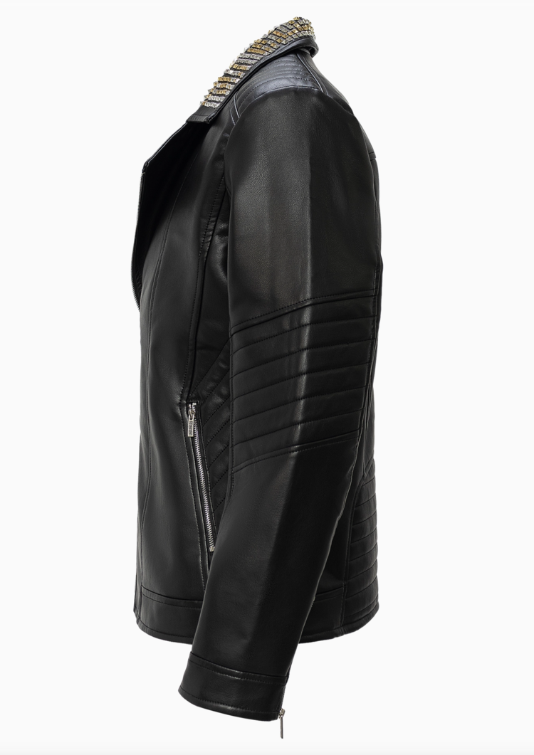 PU Studded Collar Trim Moto Jacket