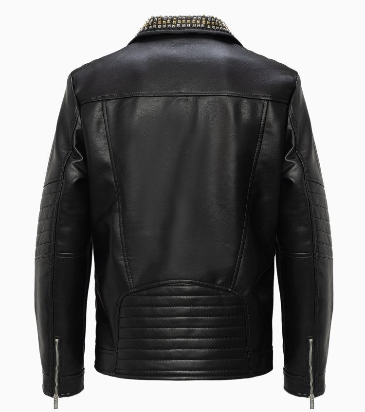 PU Studded Collar Trim Moto Jacket