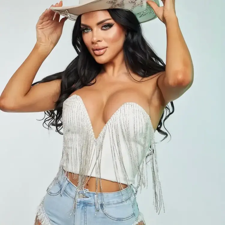 Crop Top with Rhinestones V-Neckline