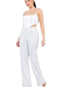 Rhinestone Wide Leg Pants High Waisted