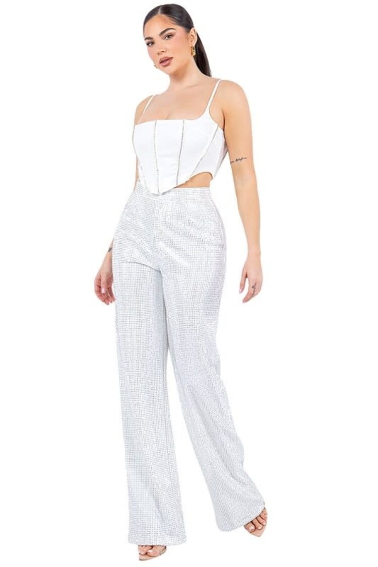 Rhinestone Wide Leg Pants High Waisted