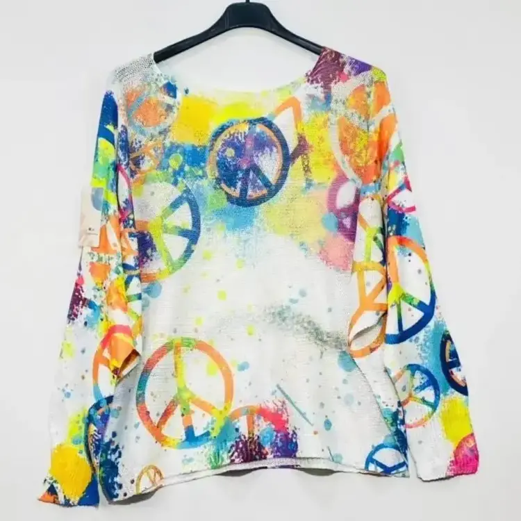 White Peace & Love Knit Printed Sweater