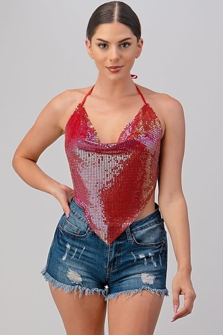 Metallic Backless Cowl Halter