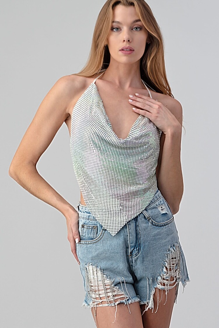 Metallic Backless Cowl Halter
