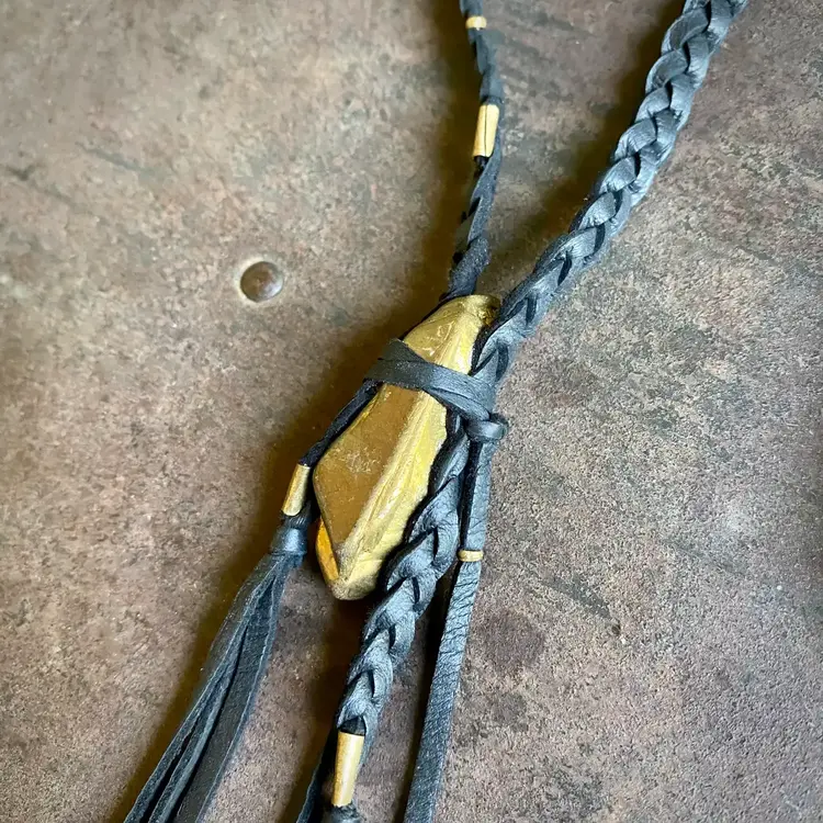Pirate Leather Necklace - Black & Gold Crystal