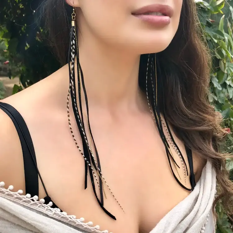 Leather & Feather Long Earring -Antique Brass