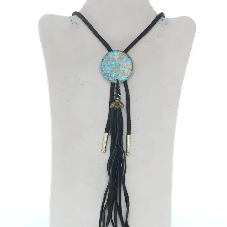 Bee Charm Leather Tassel Bolo Tie