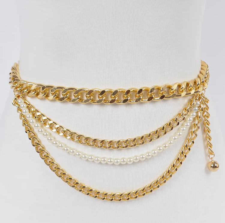 Layered Chain and Pearl Belt Gold
