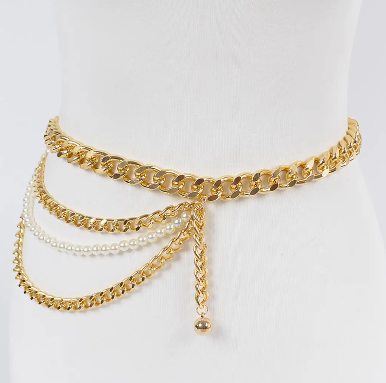Layered Chain and Pearl Belt Gold