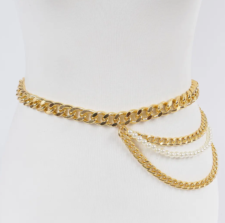 Layered Chain and Pearl Belt Gold