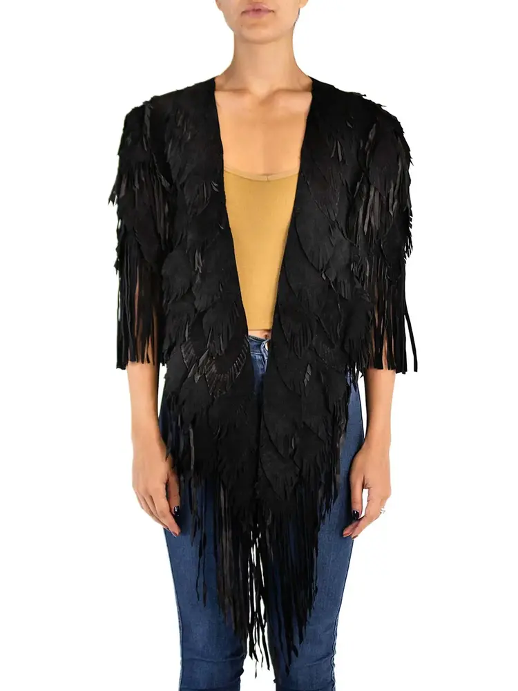 Raven Black Fringe  and Feather Suede  Coat