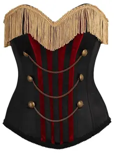 Burlesque Black/Dark Red Steel Boned Corset w/ Gold Fringe