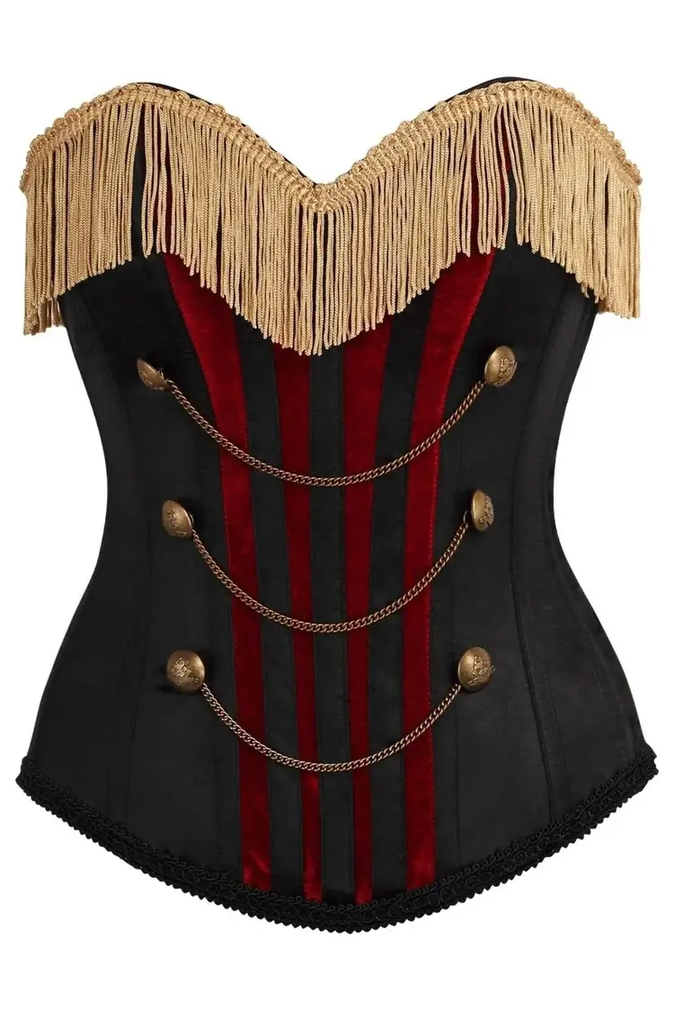 Burlesque Black/Dark Red Steel Boned Corset w/ Gold Fringe