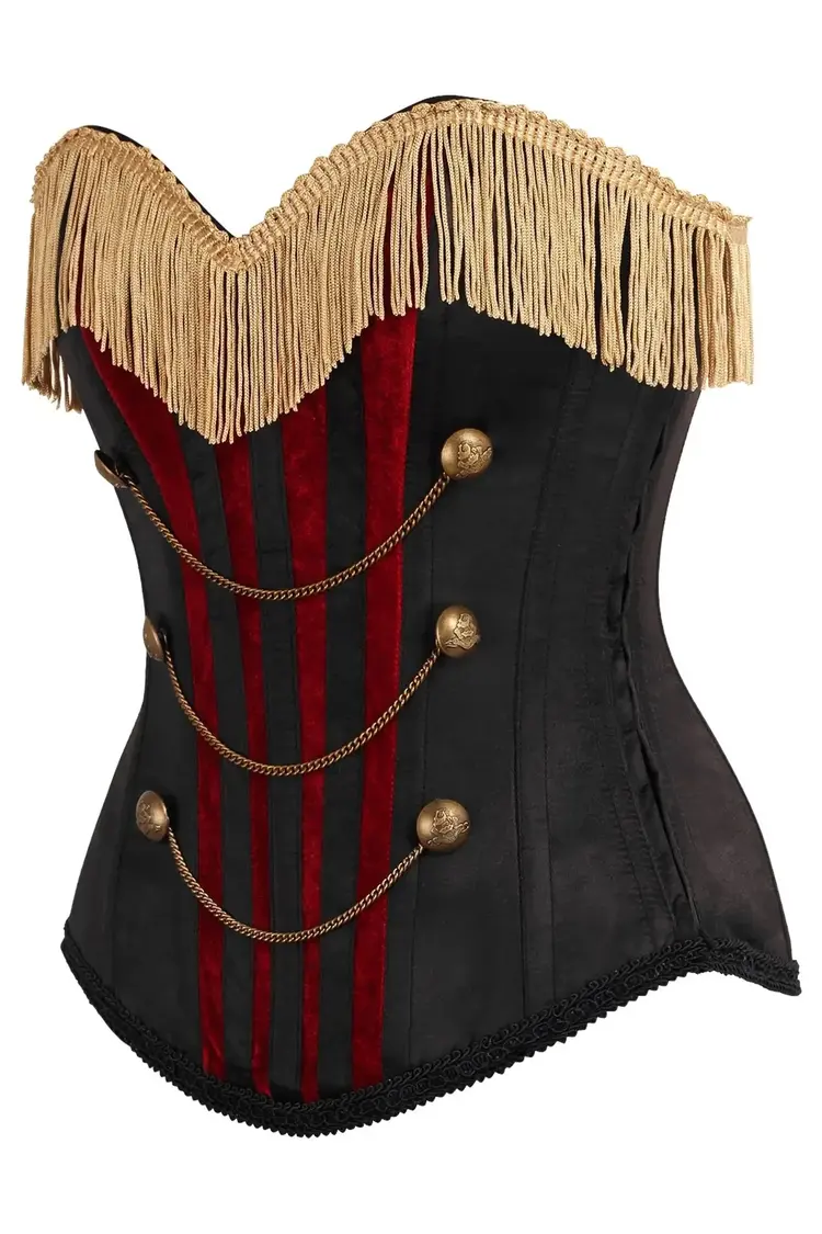 Burlesque Black/Dark Red Steel Boned Corset w/ Gold Fringe