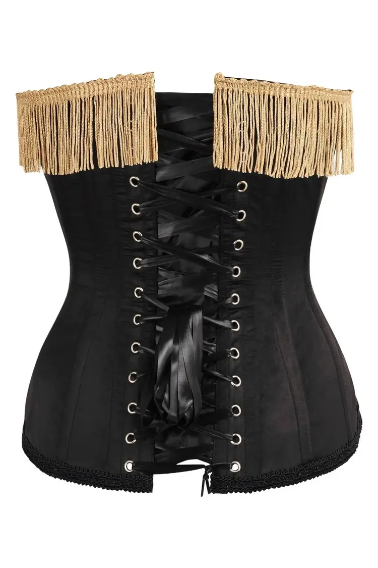 Burlesque Black/Dark Red Steel Boned Corset w/ Gold Fringe