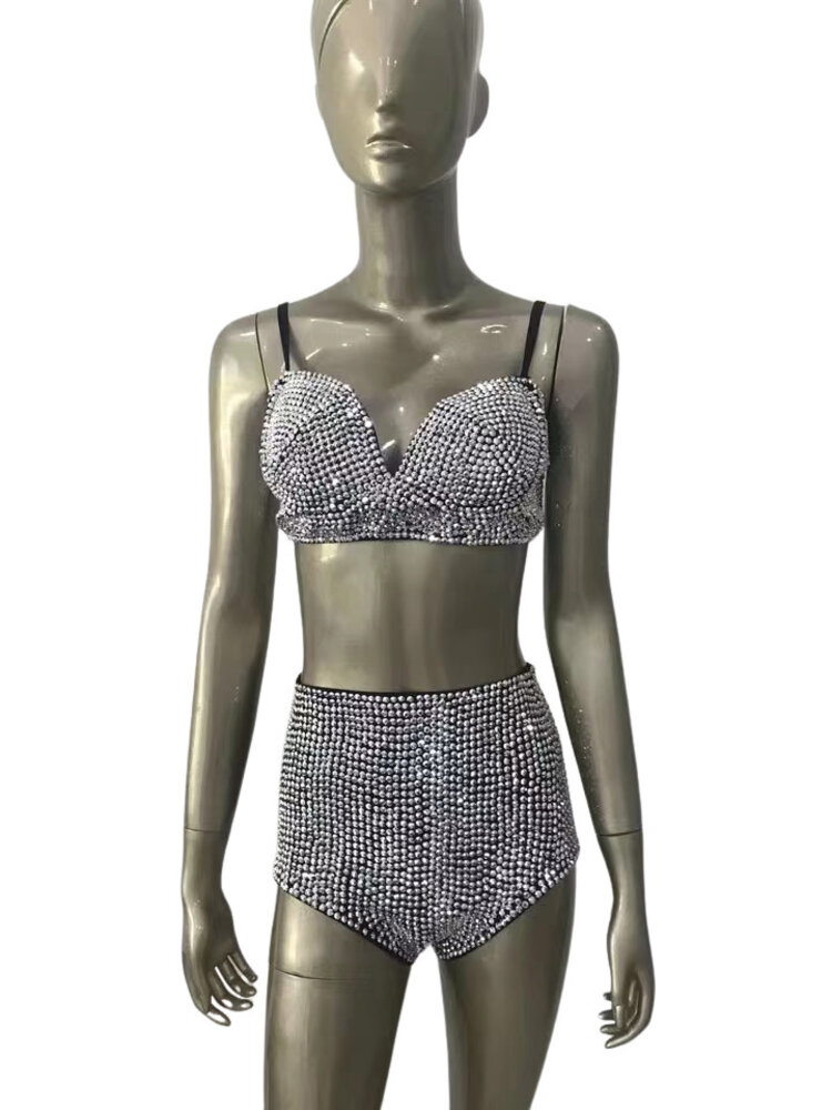 Rhinestone Puff Shoulder Blazer, Bra and Short Set Small
