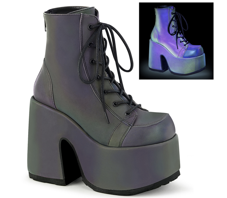 Camel-203 Green Multi Reflective Chunky Heel Lace Up Ankle Boot