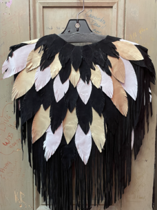 Black White Gold Feather Suede Shawl