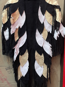 Black White Gold Fringe and Feather Suede Coat