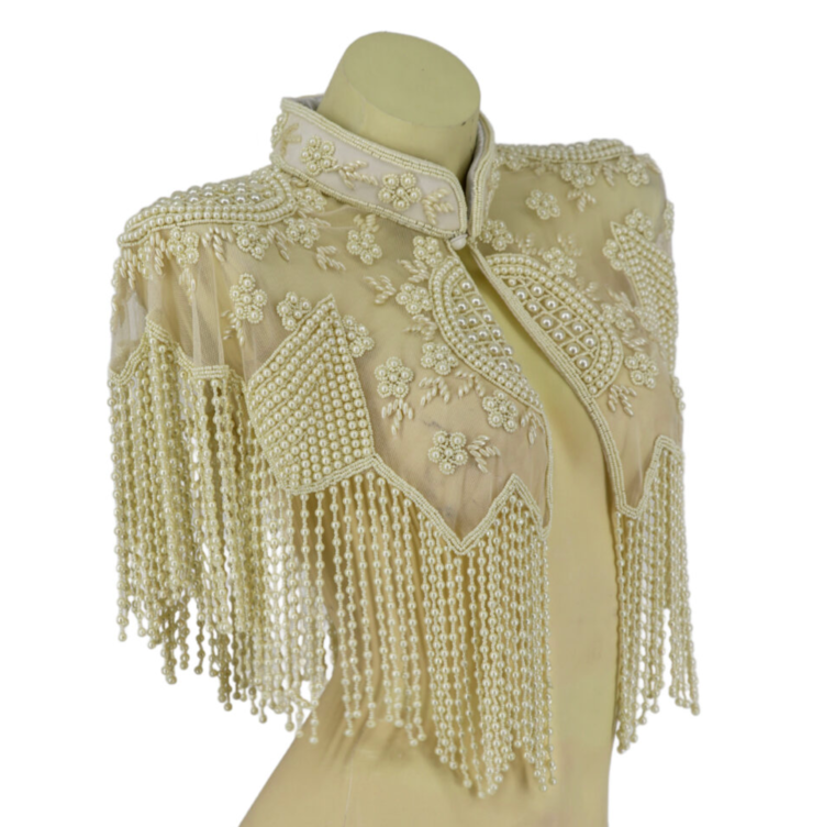 Pearl Beaded Shawl w/ Collar Cream