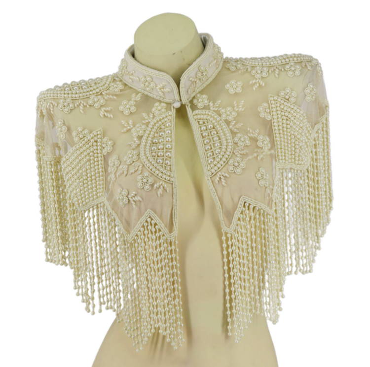 Pearl Beaded Shawl w/ Collar Cream
