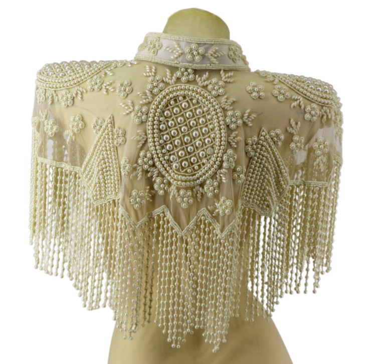 Pearl Beaded Shawl w/ Collar Cream