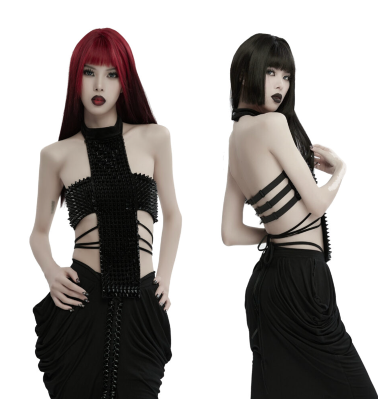 Studded Gothic Cross Halter Top Black