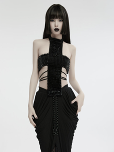 Studded Gothic Cross Halter Top Black