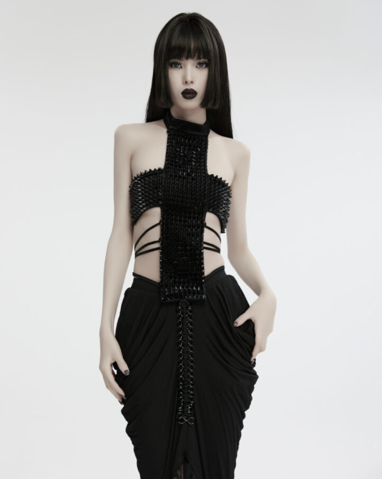 Studded Gothic Cross Halter Top Black