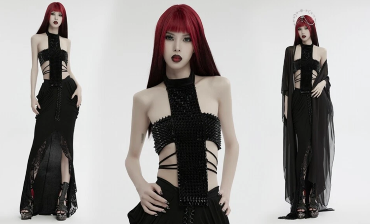 Studded Gothic Cross Halter Top Black