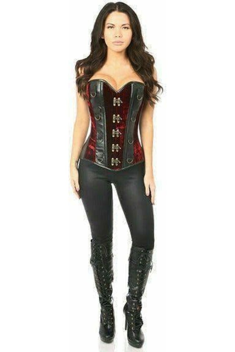 Red Velvet & Faux Leather Steel Boned Corset