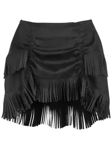 Black Suede Ruched Bustle Skirt w/ Fringe