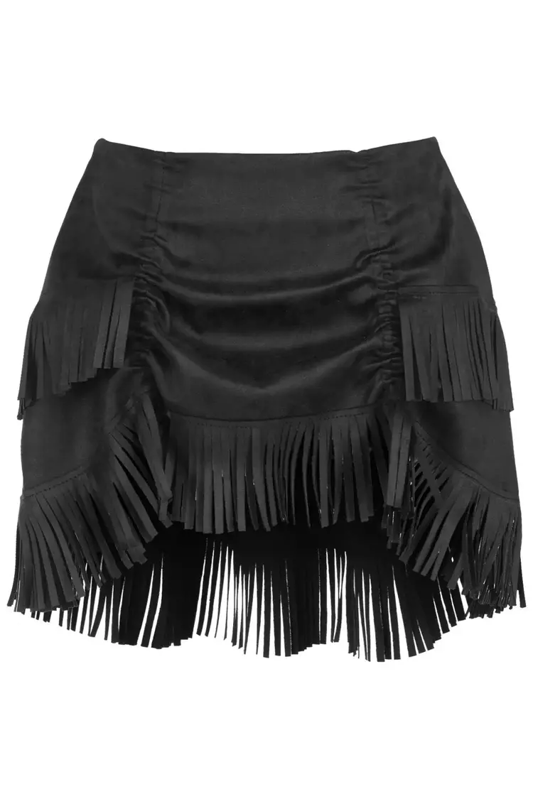 Black Suede Ruched Bustle Skirt w/ Fringe