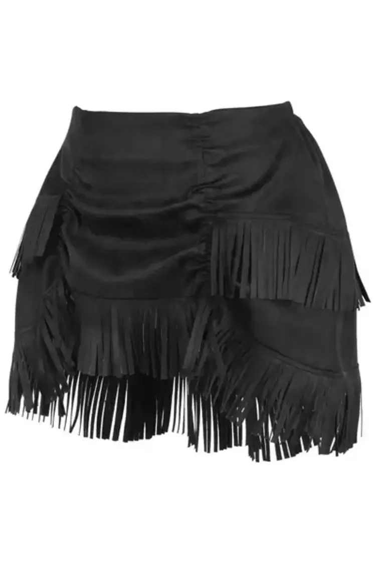 Black Suede Ruched Bustle Skirt w/ Fringe