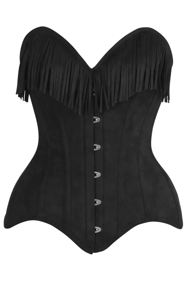 Black Suede Steel Boned Overbust Corset w/ Fringe