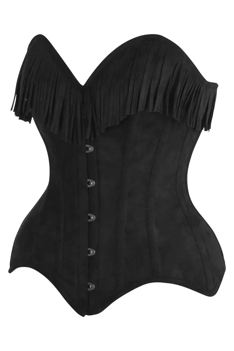 Black Suede Steel Boned Overbust Corset w/ Fringe