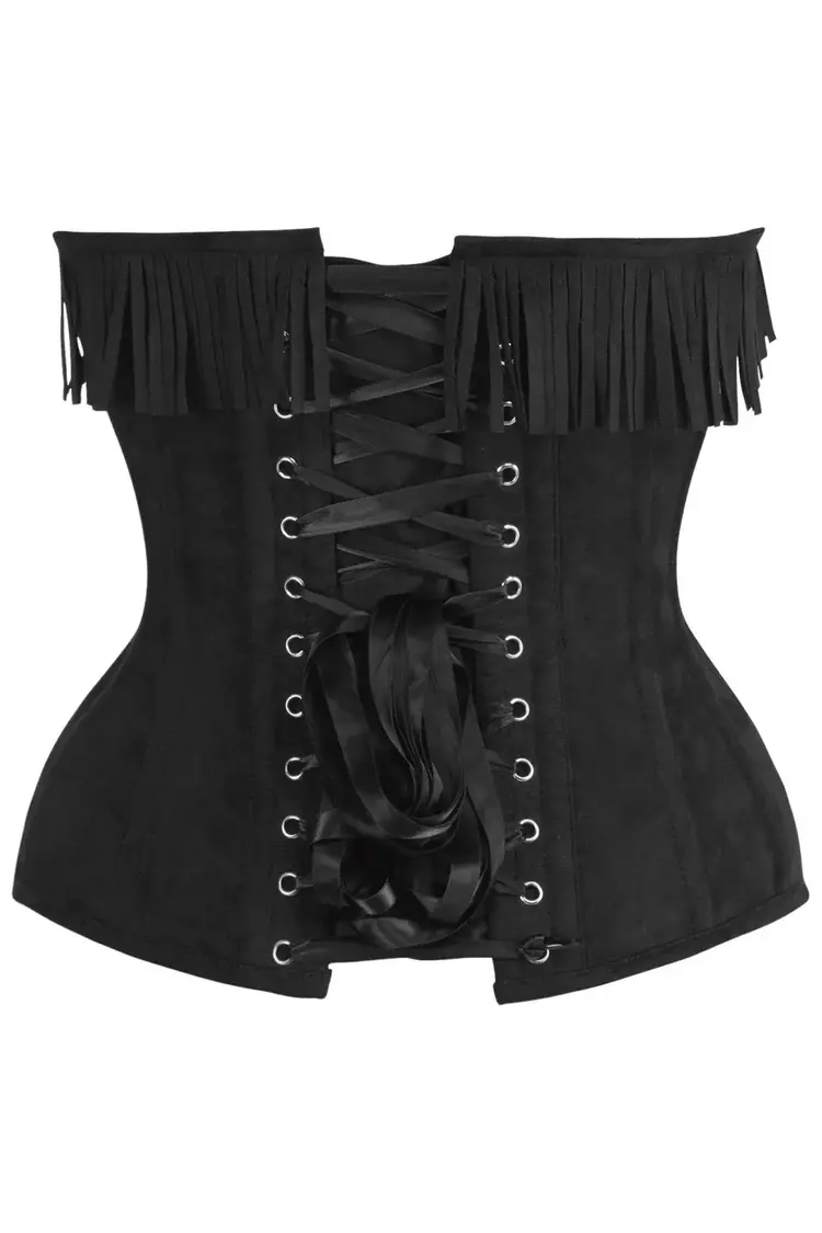Black Suede Steel Boned Overbust Corset w/ Fringe