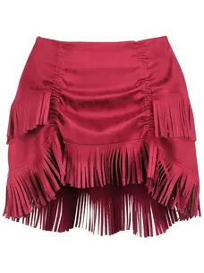 Red Suede Ruched Bustle Skirt w/ Fringe