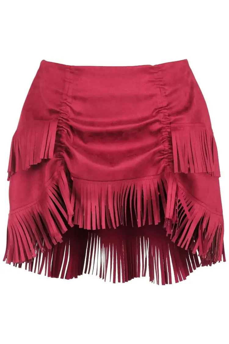 Red Suede Ruched Bustle Skirt w/ Fringe