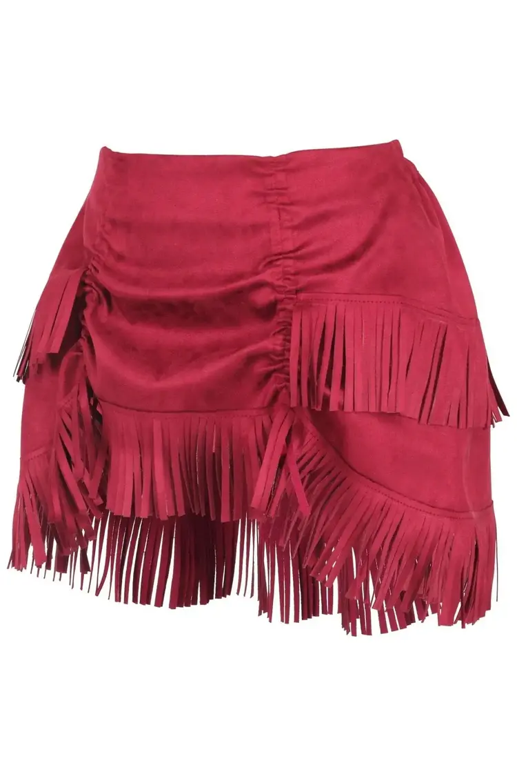 Red Suede Ruched Bustle Skirt w/ Fringe