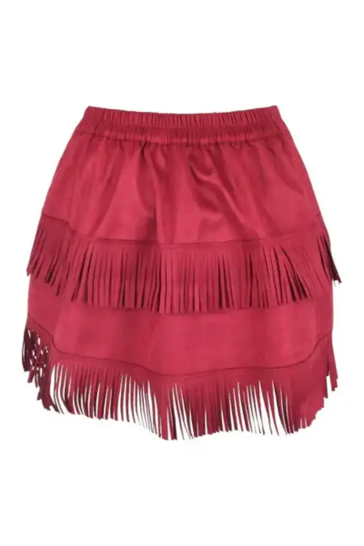 Red Suede Ruched Bustle Skirt w/ Fringe