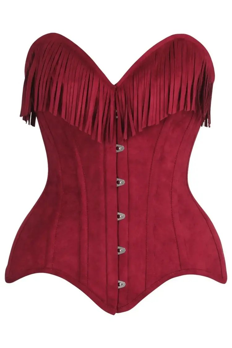 Red Suede Steel Boned Overbust Corset w/ Fringe