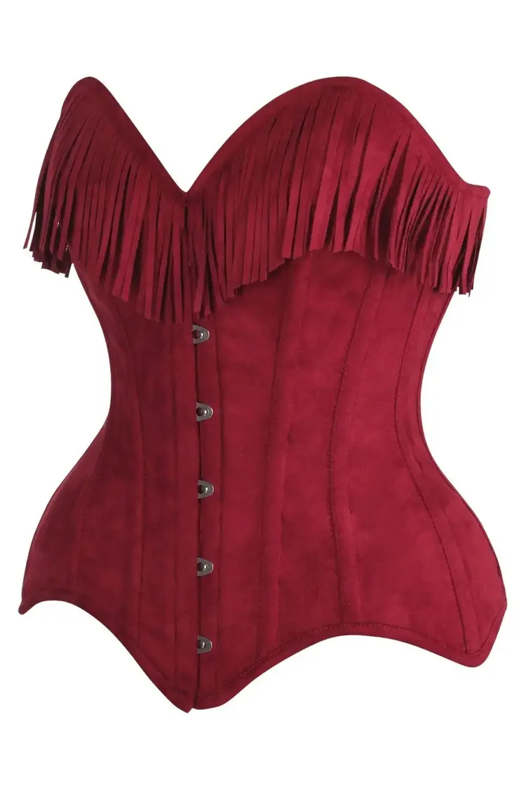 Red Suede Steel Boned Overbust Corset w/ Fringe
