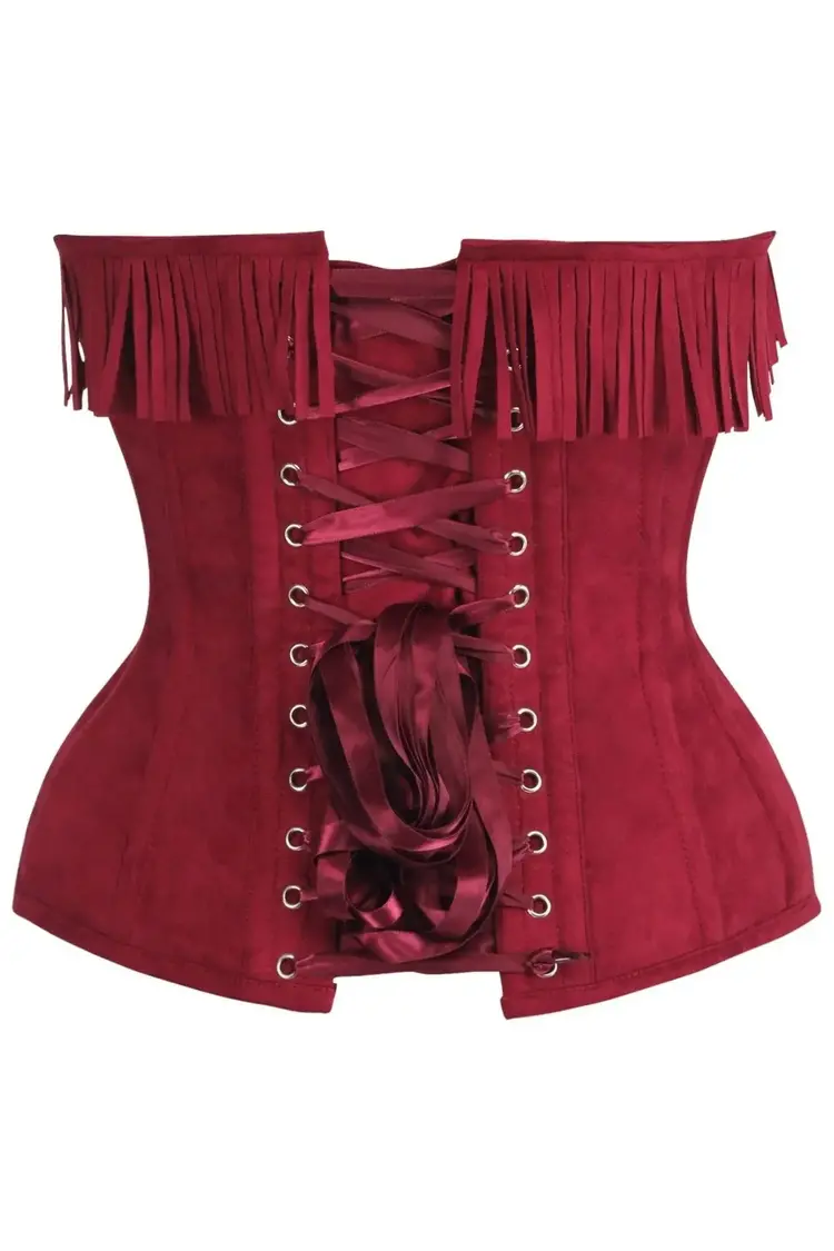 Red Suede Steel Boned Overbust Corset w/ Fringe