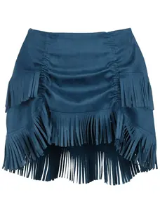 Blue Suede Ruched Bustle Skirt w/ Fringe