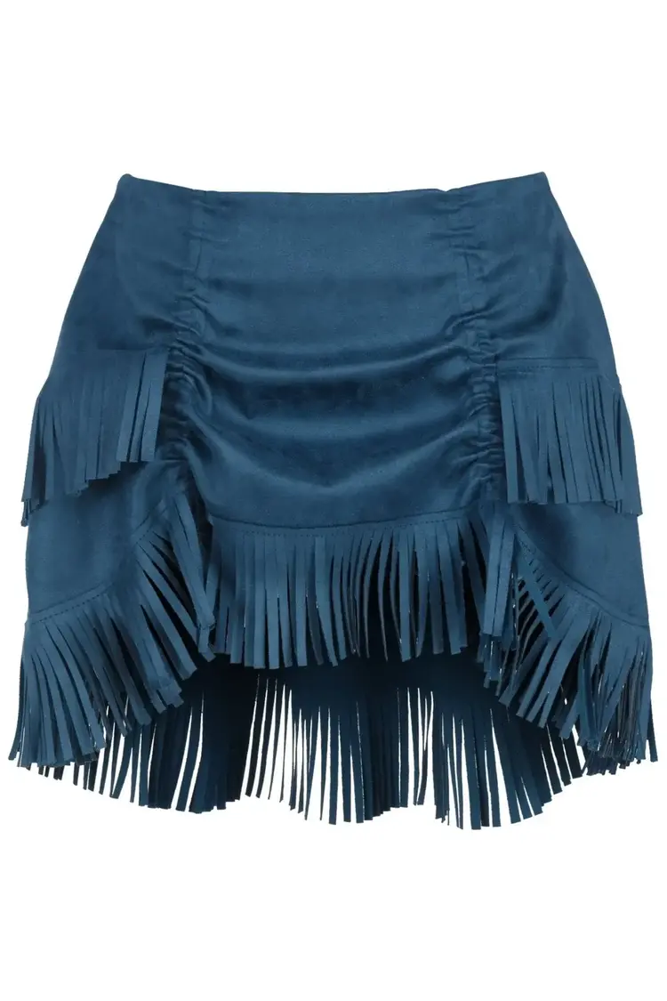 Blue Suede Ruched Bustle Skirt w/ Fringe