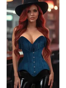Blue Suede Steel Boned Overbust Corset w/ Fringe