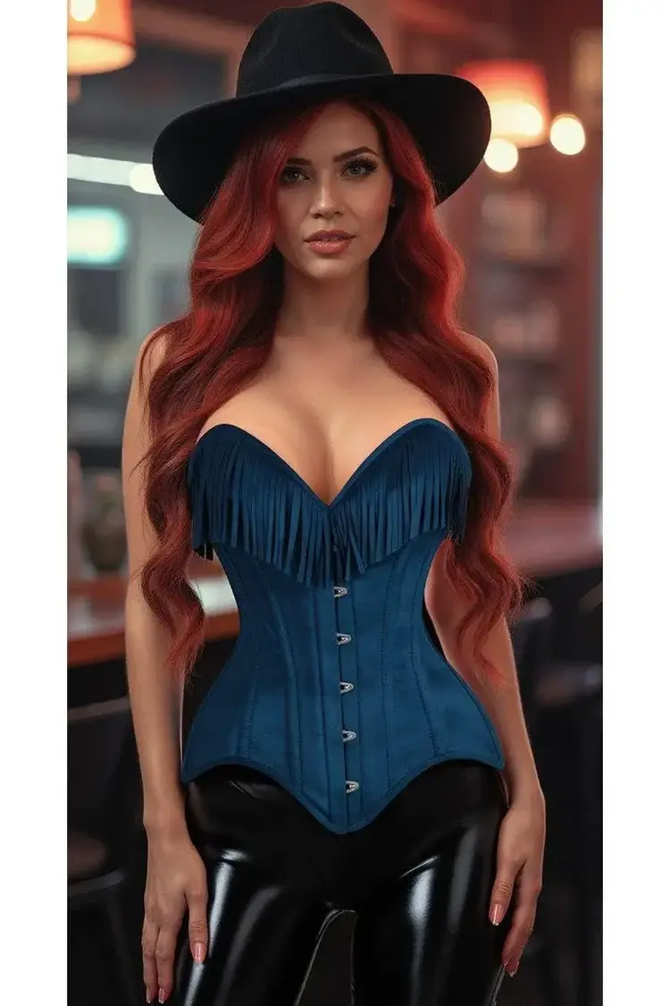 Blue Suede Steel Boned Overbust Corset w/ Fringe