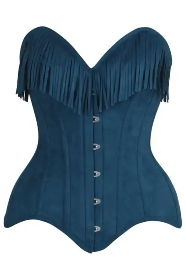 Blue Suede Steel Boned Overbust Corset w/ Fringe